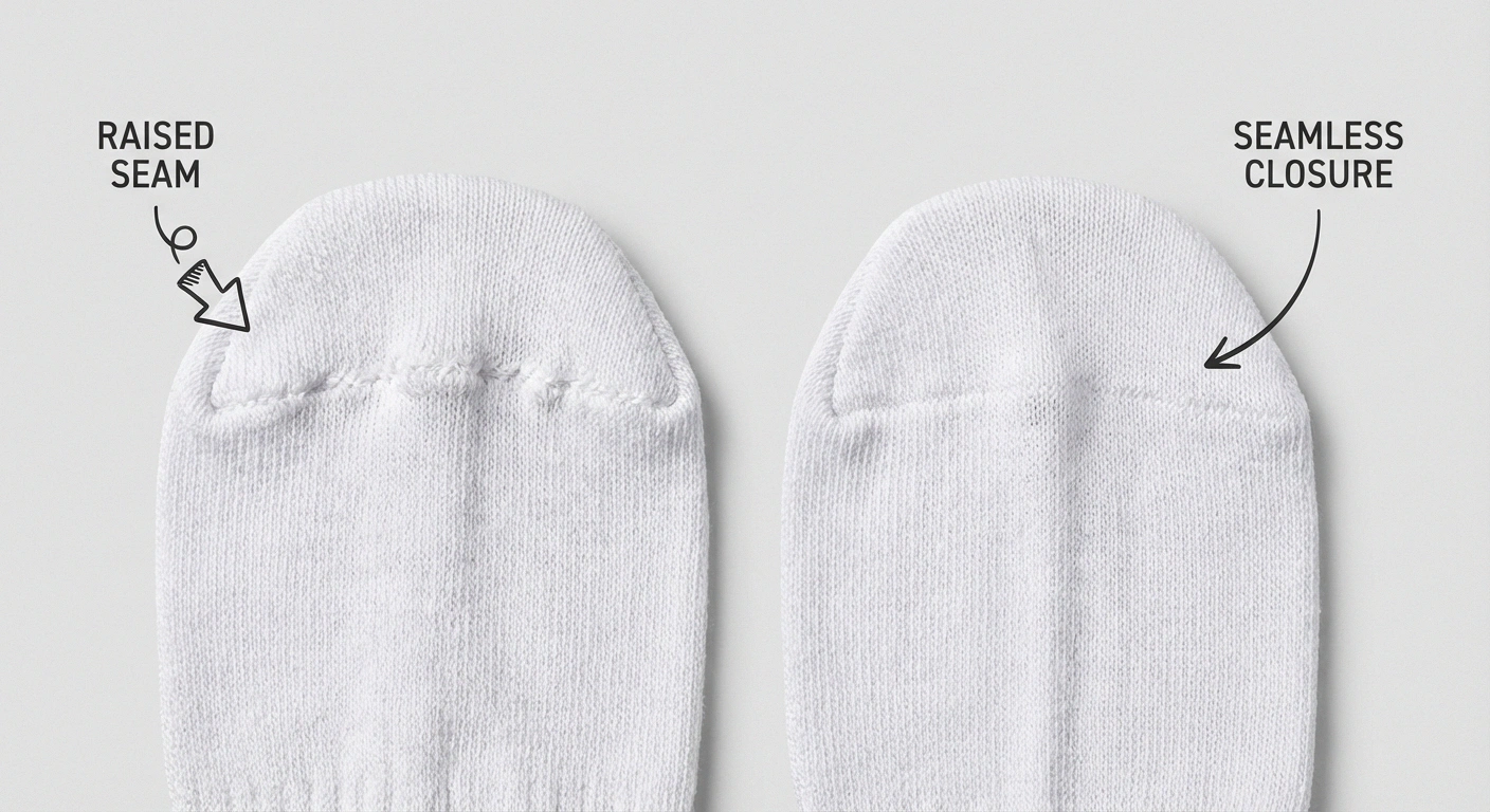 Close-up comparison of sock with raised toe seam versus seamless sock toe construction for neuropathy