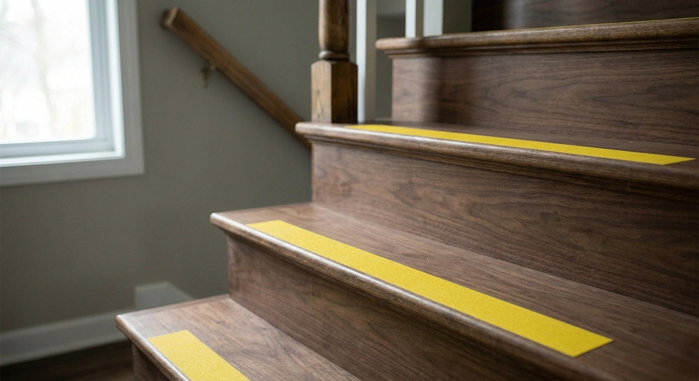 Residential stairs with high-contrast yellow edge tape applied to each step nosing for improved visibility