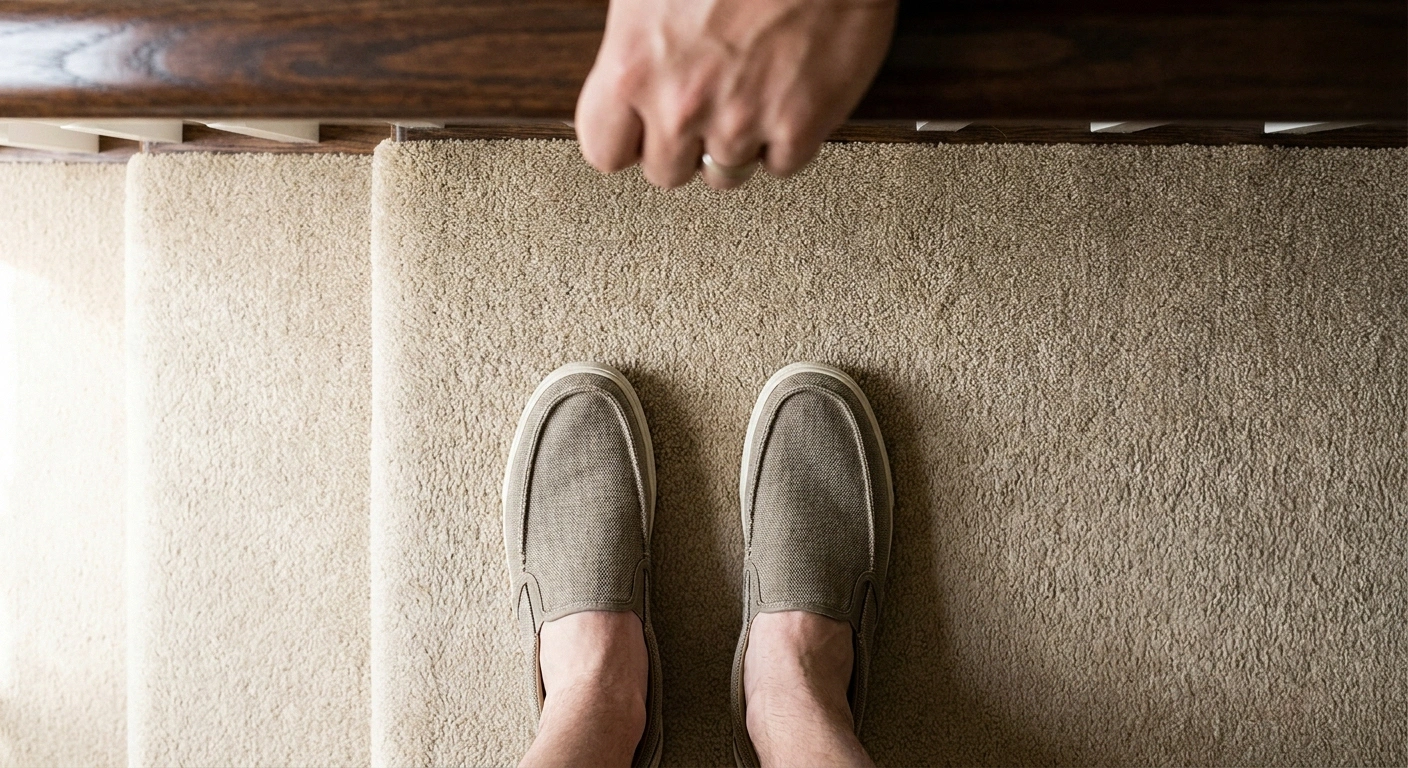 Both feet placed on the same stair tread with hand on the handrail — the safest way to descend stairs with neuropathy