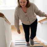 Patient with neuropathy carefully descending residential stairs with one hand on the handrail and proper supportive shoes