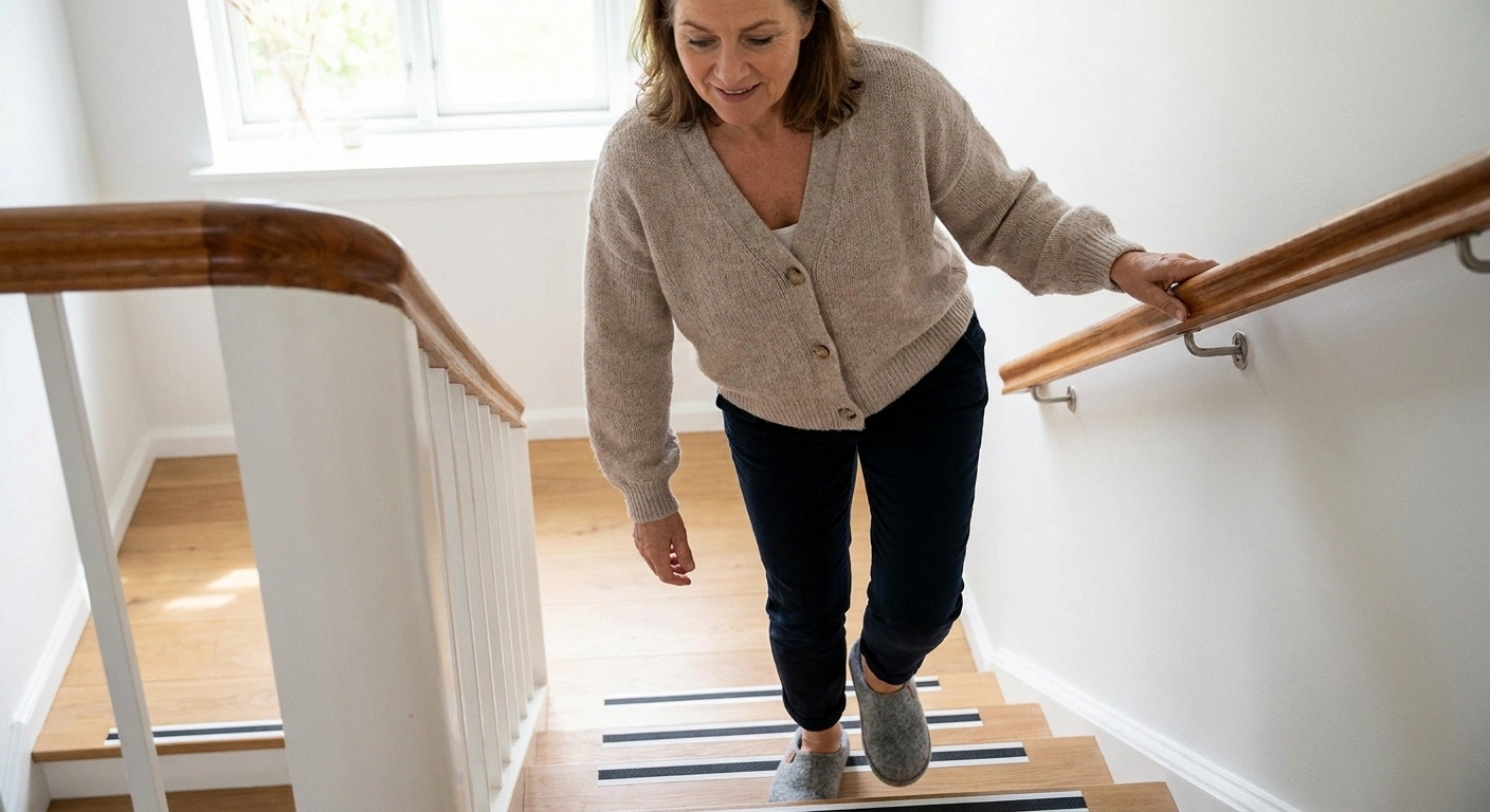 Patient with neuropathy carefully descending residential stairs with one hand on the handrail and proper supportive shoes
