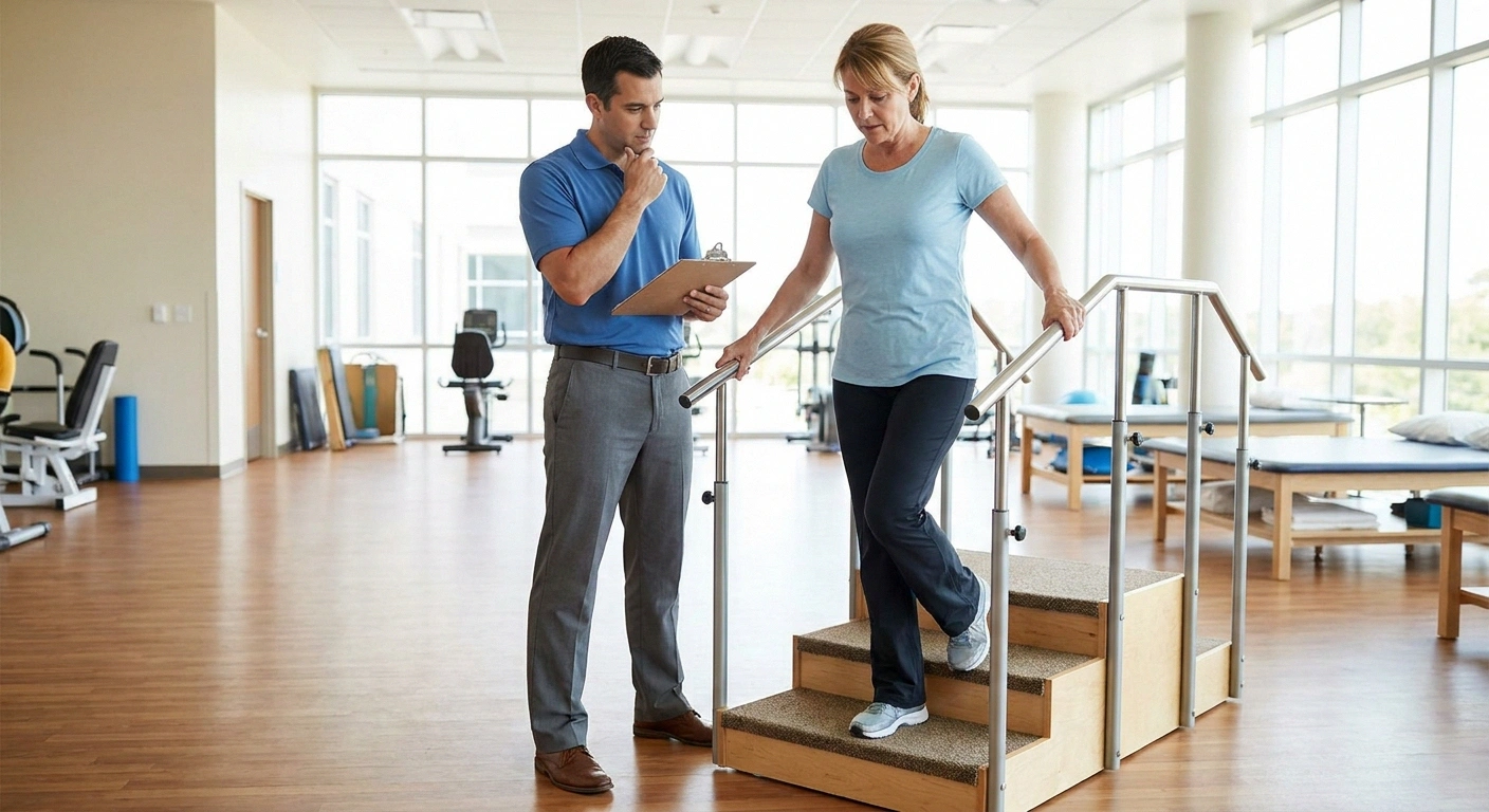 Physical therapist evaluating a patient's stair safety as part of a neuropathy fall-prevention assessment