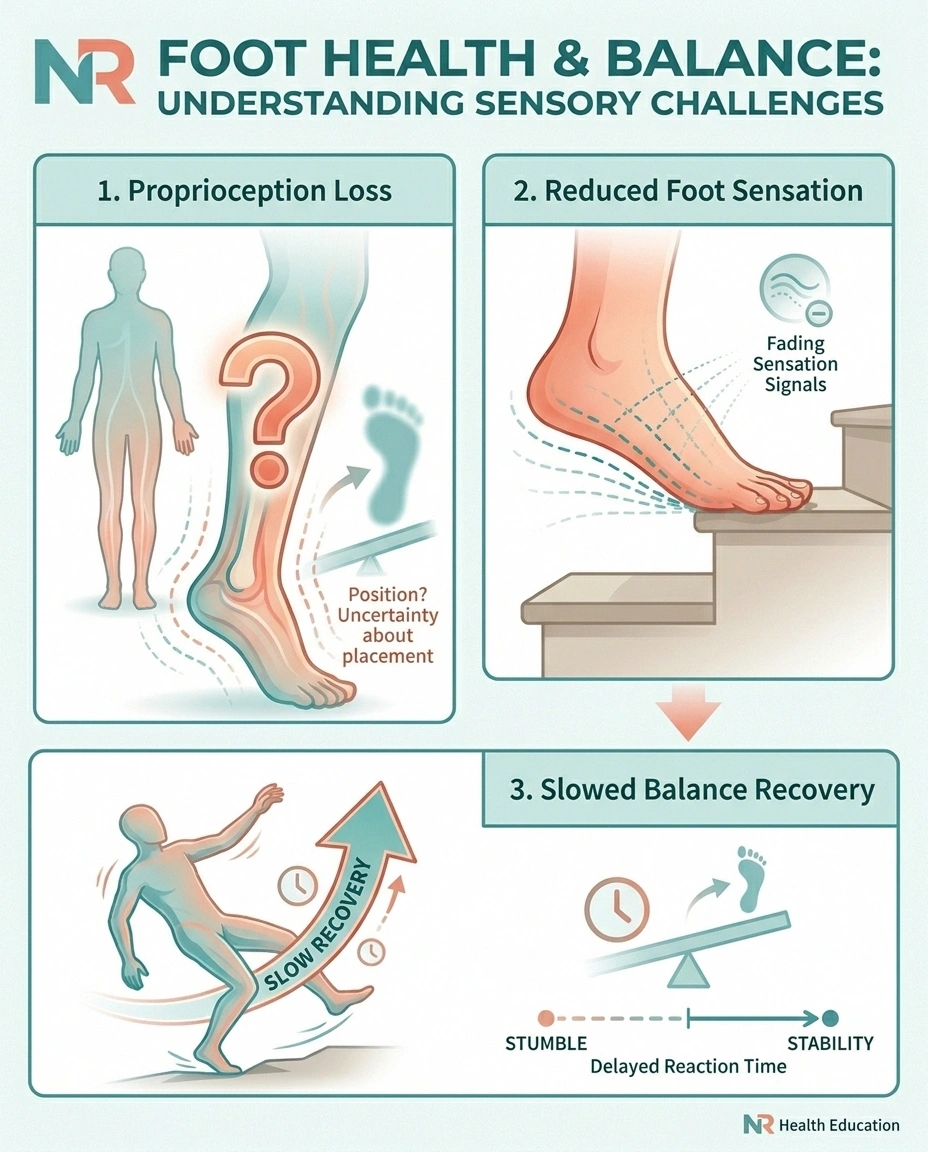 Three biological deficits that make stairs dangerous with neuropathy — proprioception loss, reduced foot sensation, slowed balance recovery