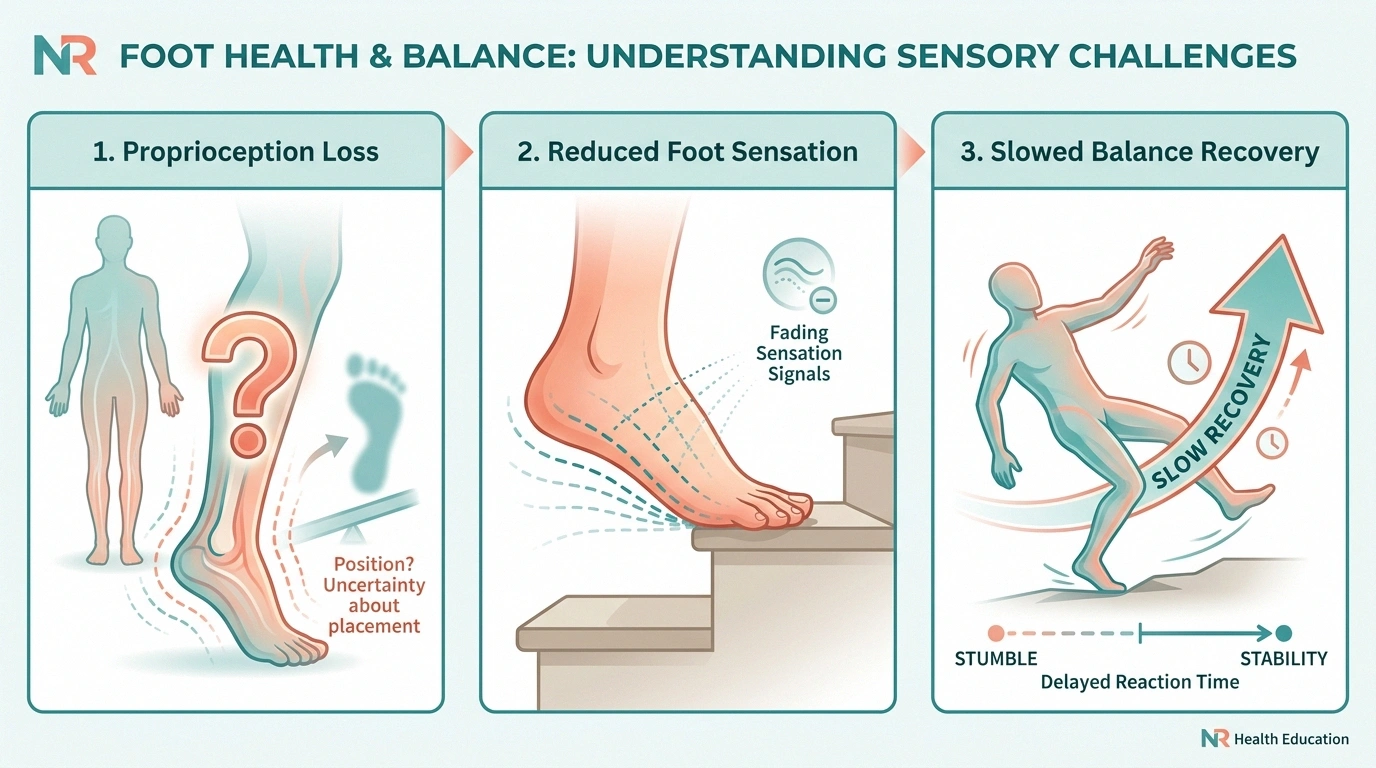 Three biological deficits that make stairs dangerous with neuropathy — proprioception loss, reduced foot sensation, slowed balance recovery