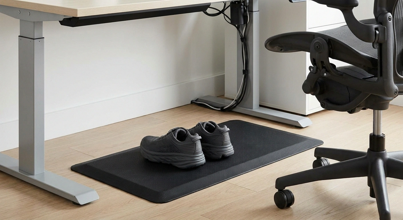 Supportive cushioned footwear on anti-fatigue mat at standing desk for neuropathy