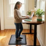 Person with neuropathy using ergonomic standing desk with anti-fatigue mat at home office