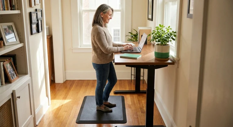 Person with neuropathy using ergonomic standing desk with anti-fatigue mat at home office