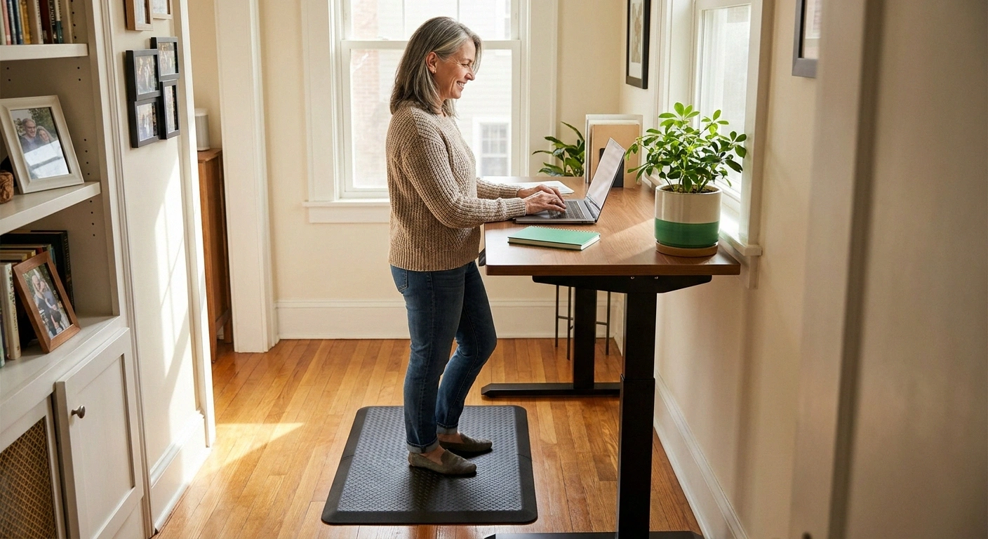 Person with neuropathy using ergonomic standing desk with anti-fatigue mat at home office