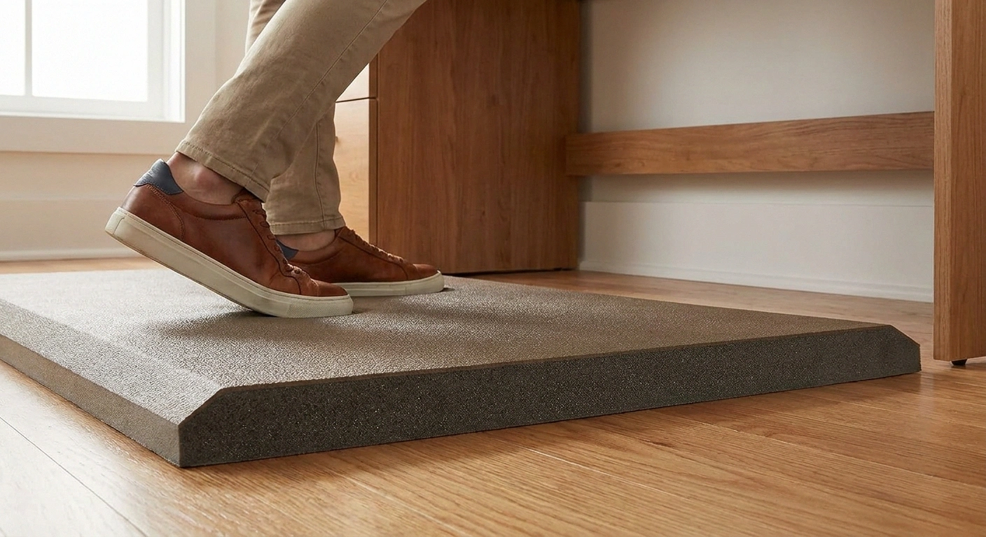 Thick anti-fatigue mat with beveled edges at standing desk for neuropathy foot comfort