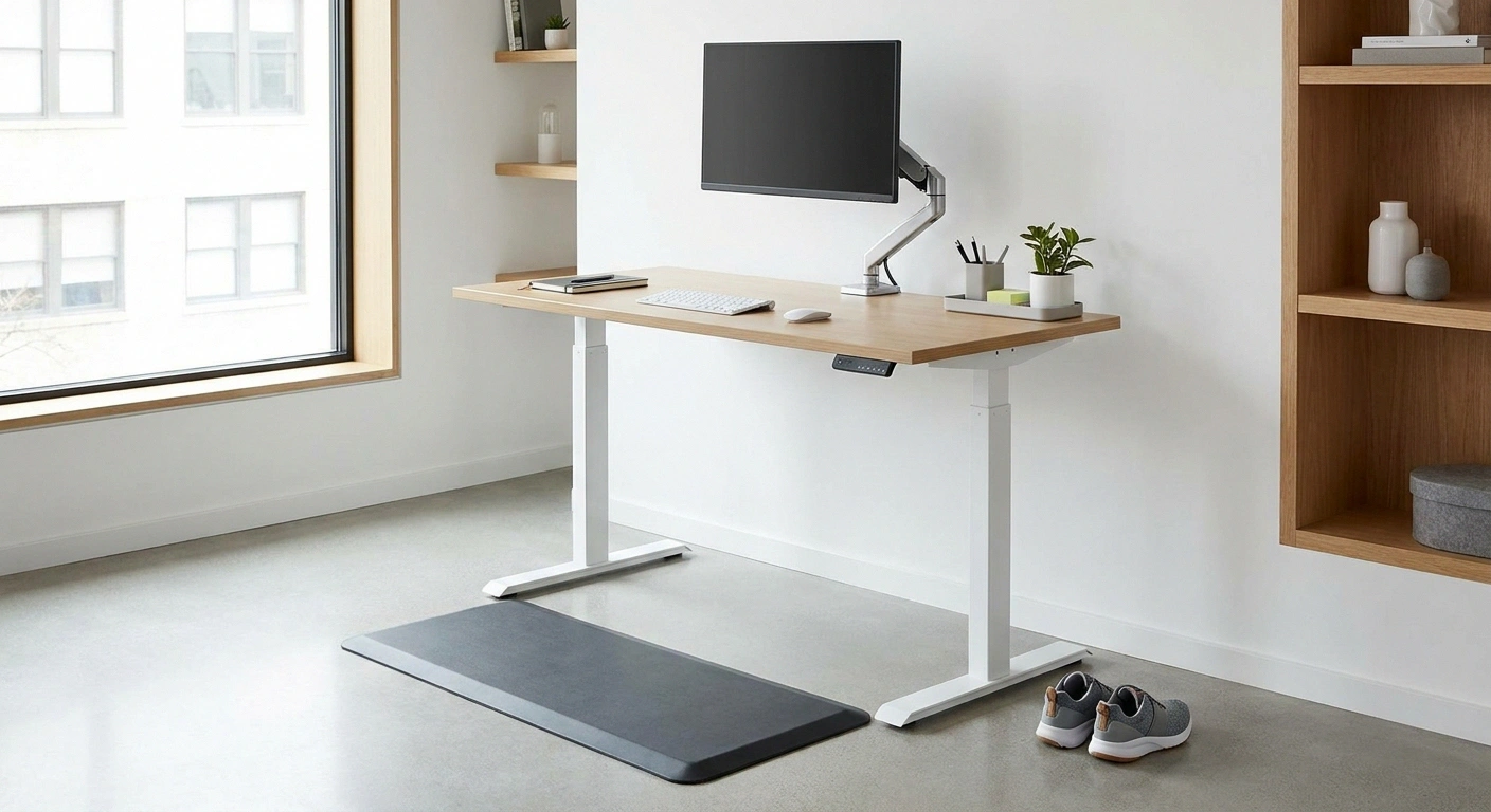 Complete ergonomic standing desk setup with anti-fatigue mat and accessories for neuropathy