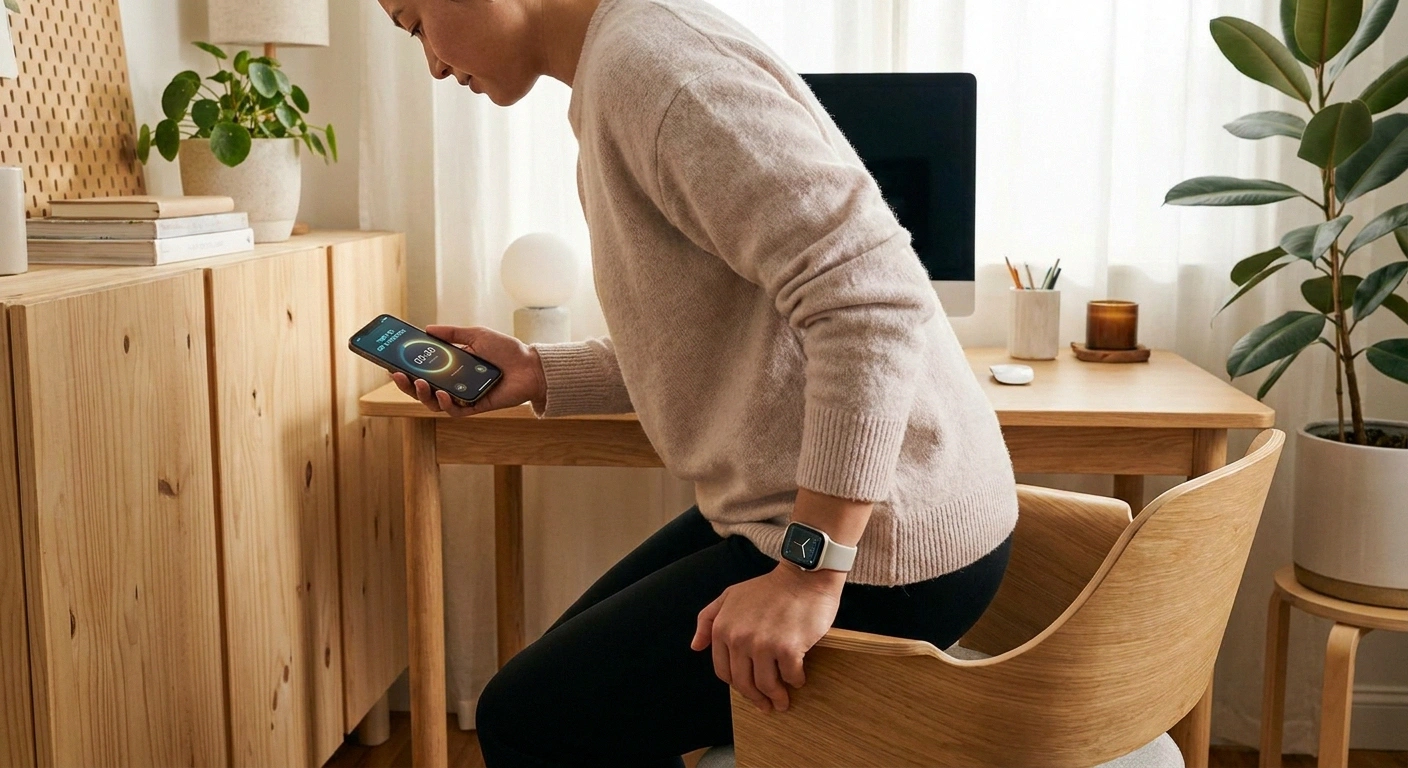 Person using timer reminder to alternate sitting and standing at desk for neuropathy management