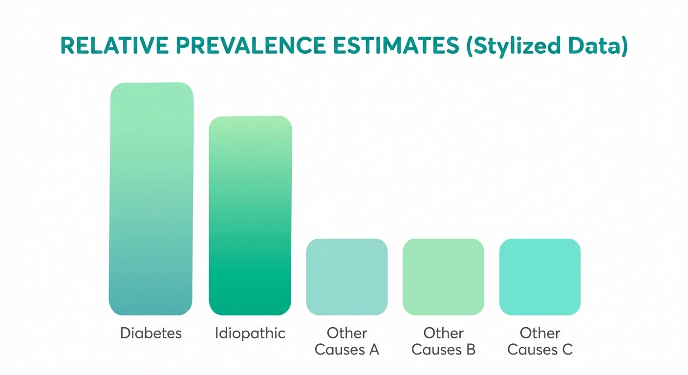 Bar chart showing relative prevalence of different neuropathy causes including diabetes, idiopathic, and chemotherapy