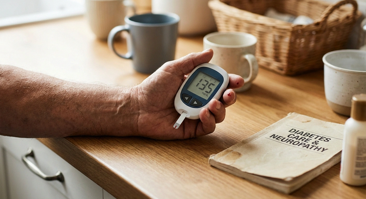 Person checking blood glucose levels, representing the diabetes-neuropathy connection