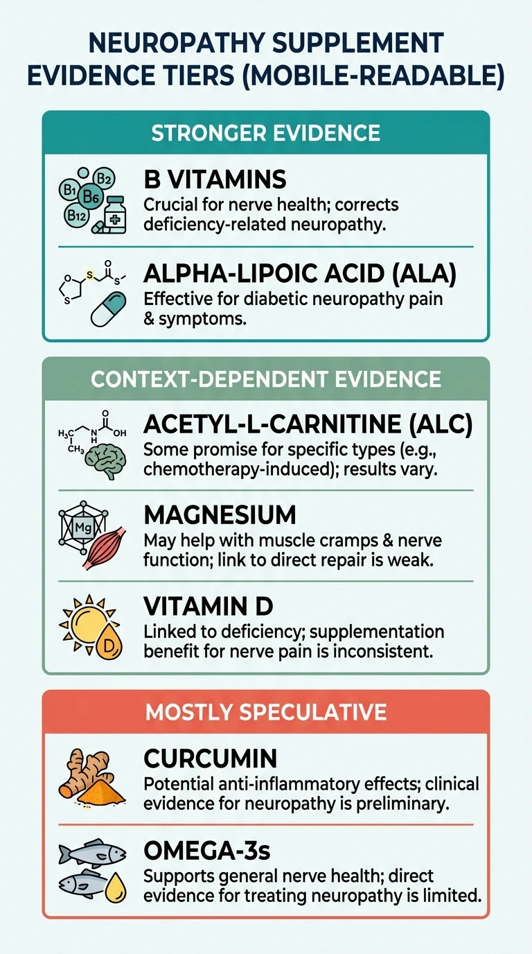 Infographic comparing evidence levels for common neuropathy supplements