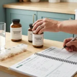 Organized neuropathy supplement routine with bottles, symptom journal, and pill organizer