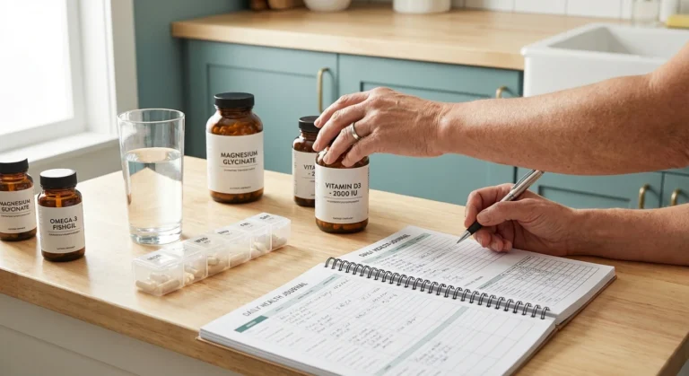 Organized neuropathy supplement routine with bottles, symptom journal, and pill organizer