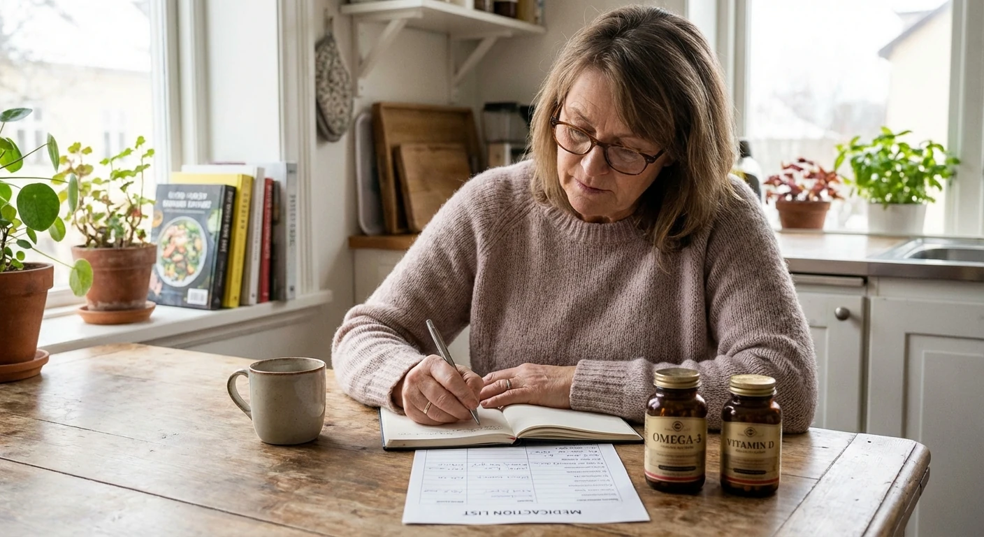 Person planning a careful supplement trial for neuropathy with notes and medication list