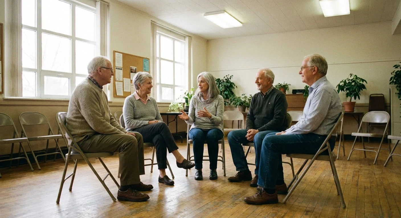Small group of older adults in a peer support meeting for neuropathy at a community center