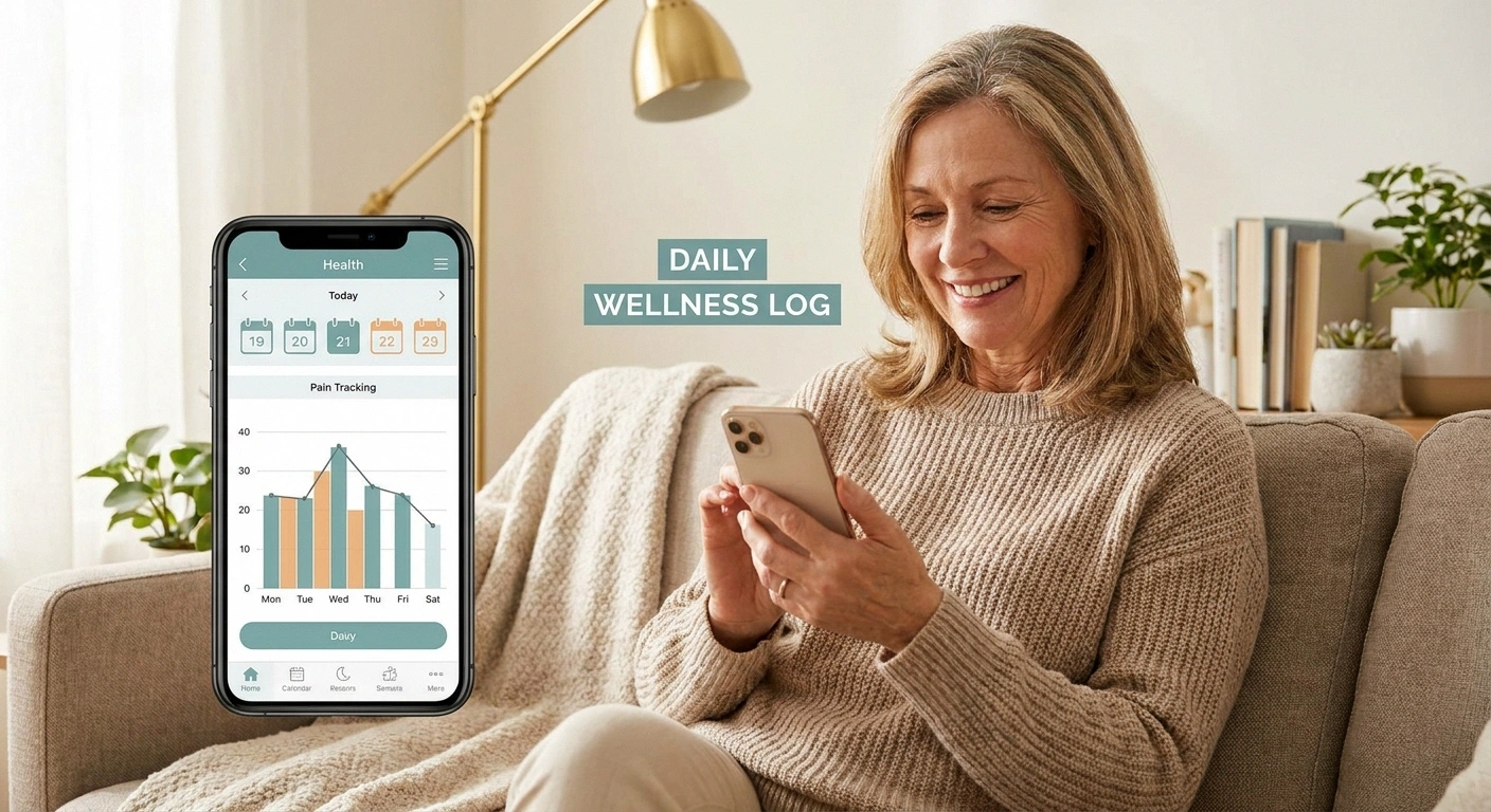 Woman using a neuropathy pain tracking app on her smartphone — Manage My Pain and CatchMyPain are well-reviewed apps for symptom diaries