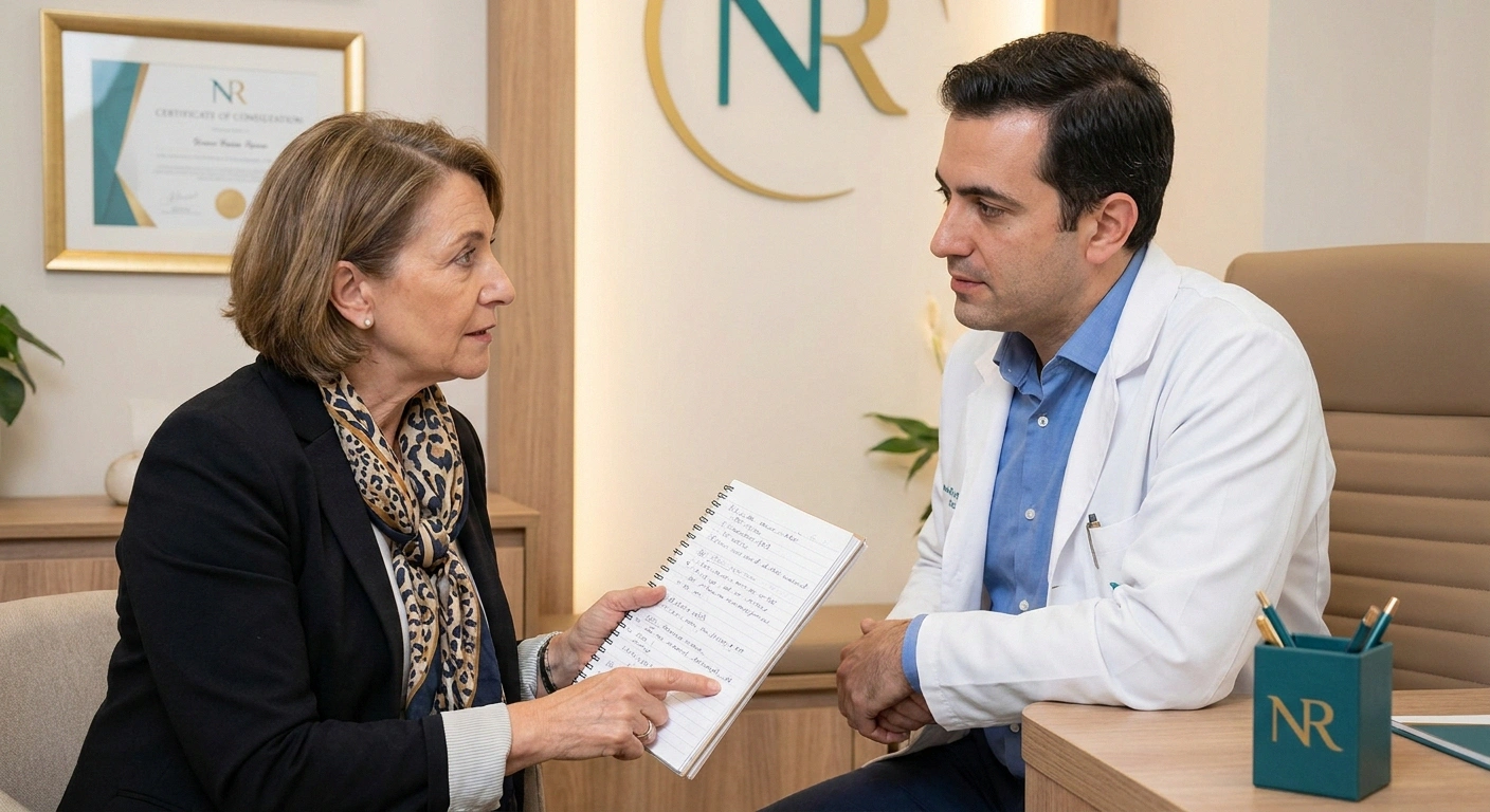 Woman sharing her neuropathy symptom diary with her doctor during an appointment — documented patterns make medical visits far more productive