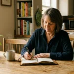 Woman writing in a neuropathy symptom diary at her kitchen table — daily tracking helps identify pain patterns and improve doctor conversations