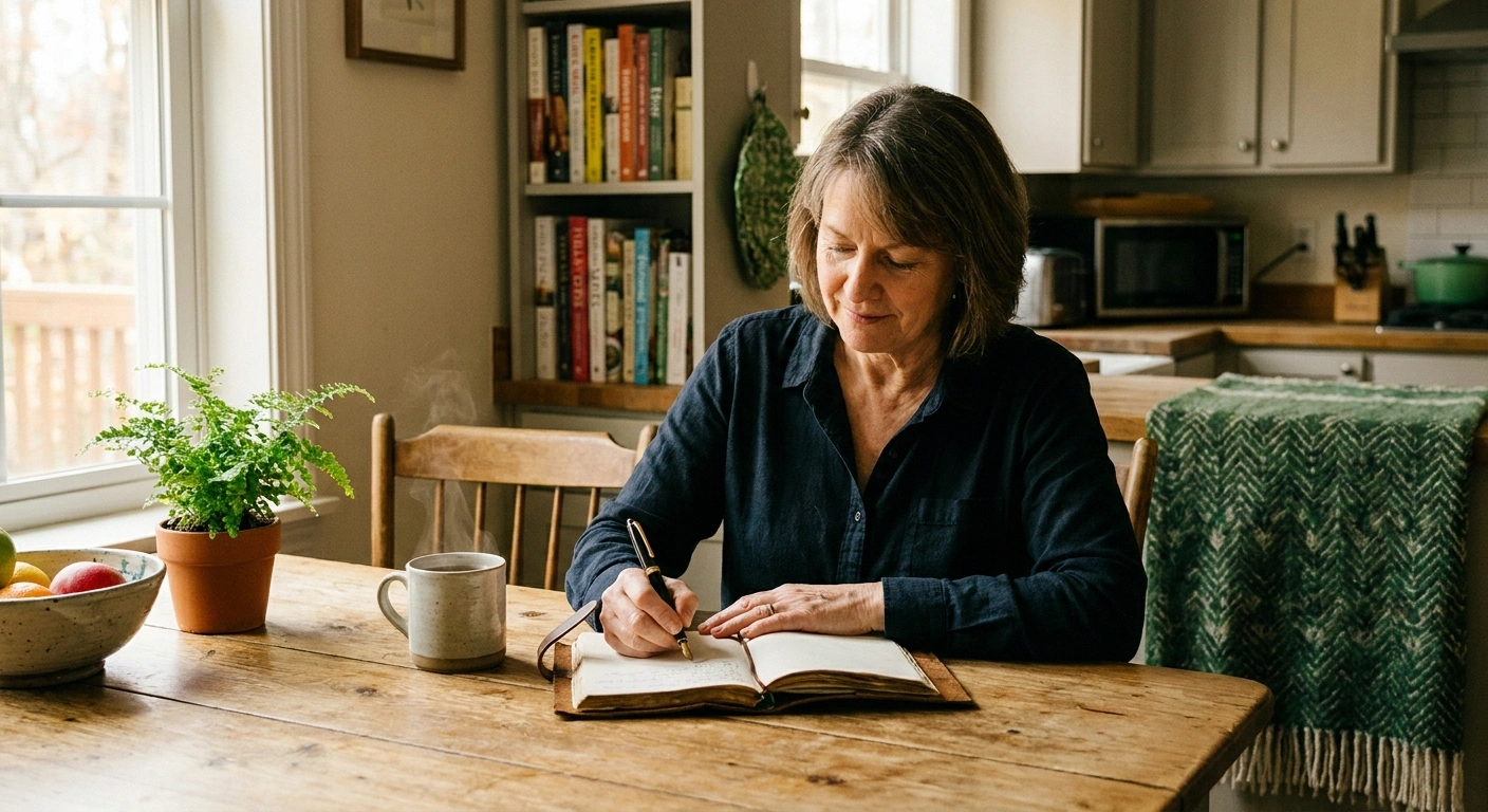 Woman writing in a neuropathy symptom diary at her kitchen table — daily tracking helps identify pain patterns and improve doctor conversations