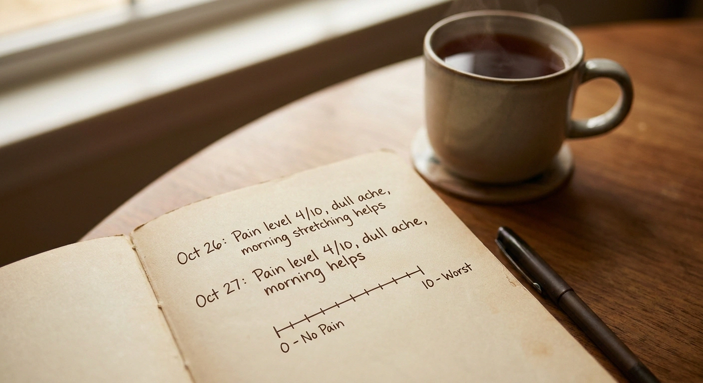 Open neuropathy symptom diary with pain ratings and notes — tracking pain intensity, location, and triggers creates actionable patterns over time