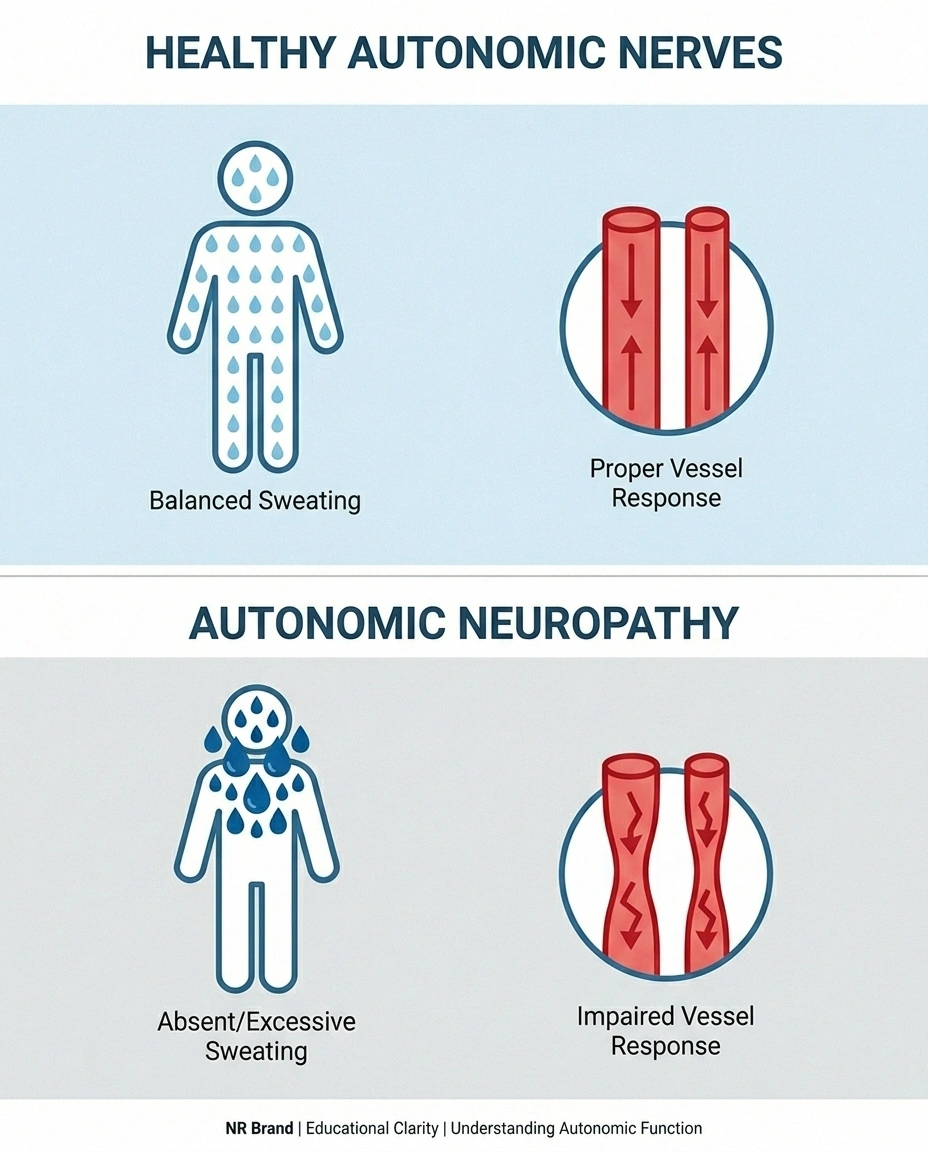 Infographic comparing normal autonomic thermoregulation versus autonomic neuropathy effects on sweating and blood vessel response
