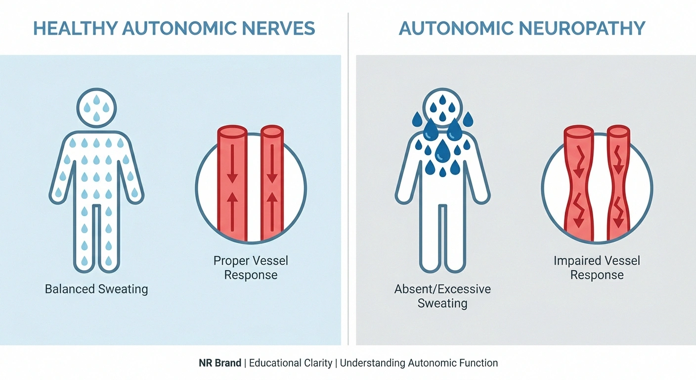 Infographic comparing normal autonomic thermoregulation versus autonomic neuropathy effects on sweating and blood vessel response