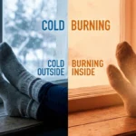 Split image showing cold winter window and warm burning sensation — neuropathy temperature sensitivity causes paradoxical heat and cold symptoms