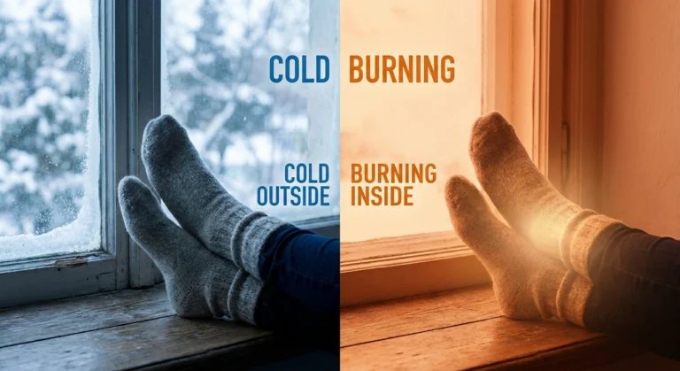 Split image showing cold winter window and warm burning sensation — neuropathy temperature sensitivity causes paradoxical heat and cold symptoms