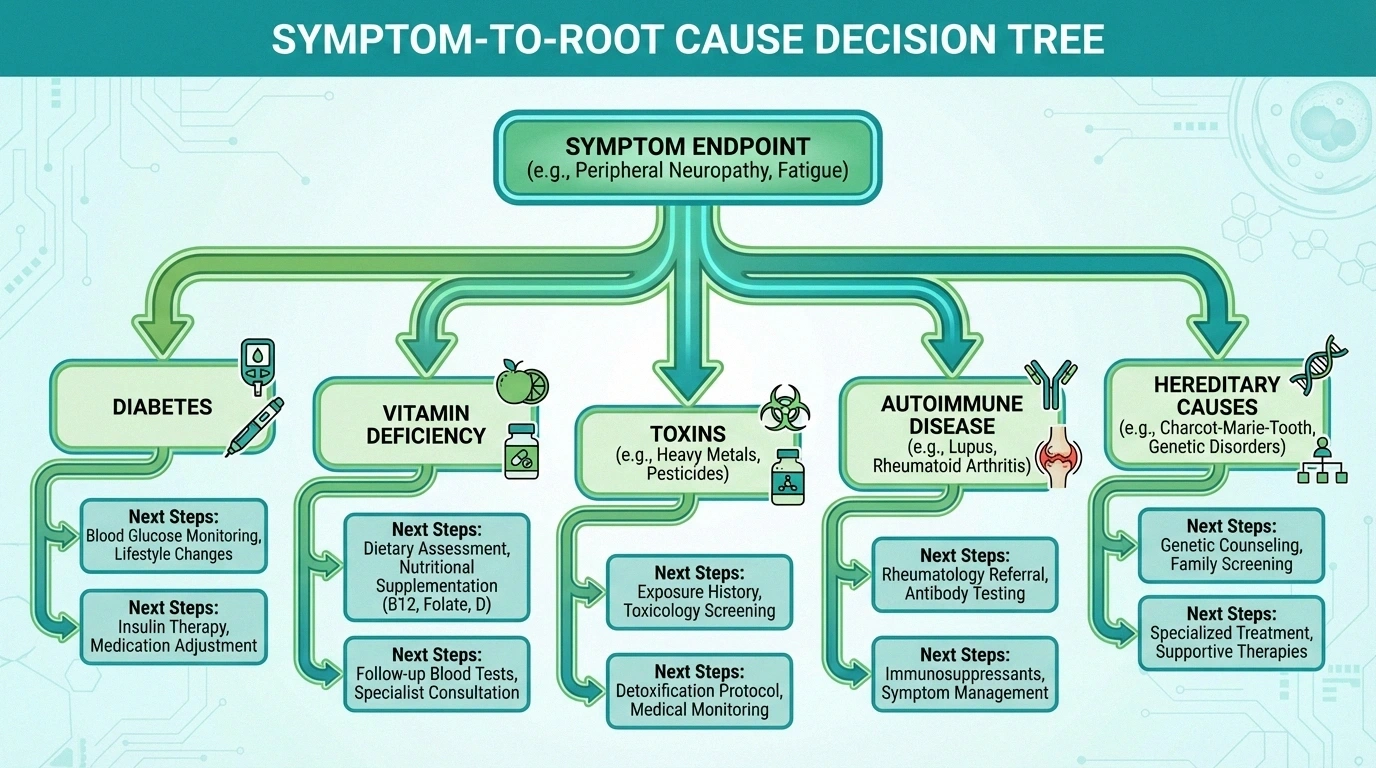 Flowchart showing why identifying the cause of neuropathy matters as much as naming the type