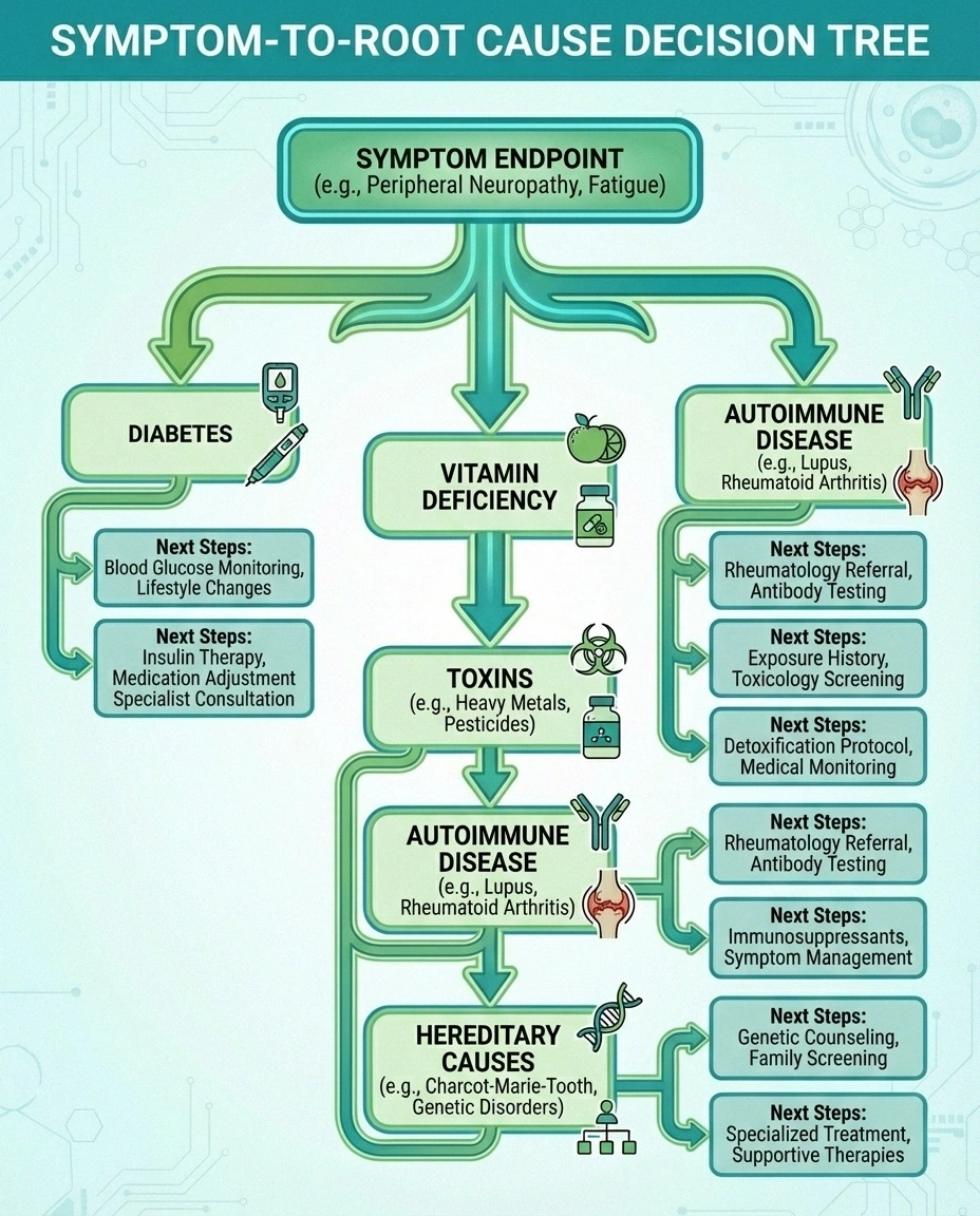 Flowchart showing why identifying the cause of neuropathy matters as much as naming the type