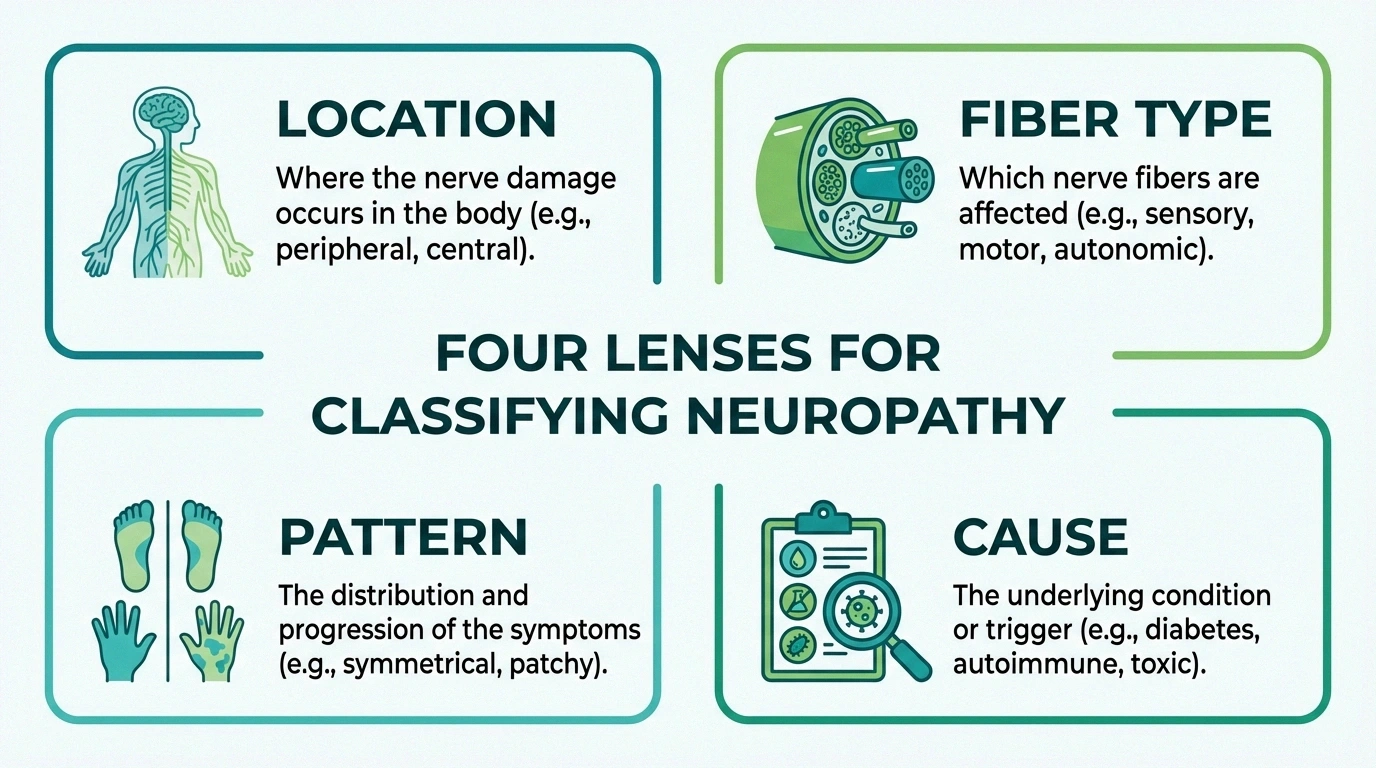 Infographic showing four ways doctors classify neuropathy types
