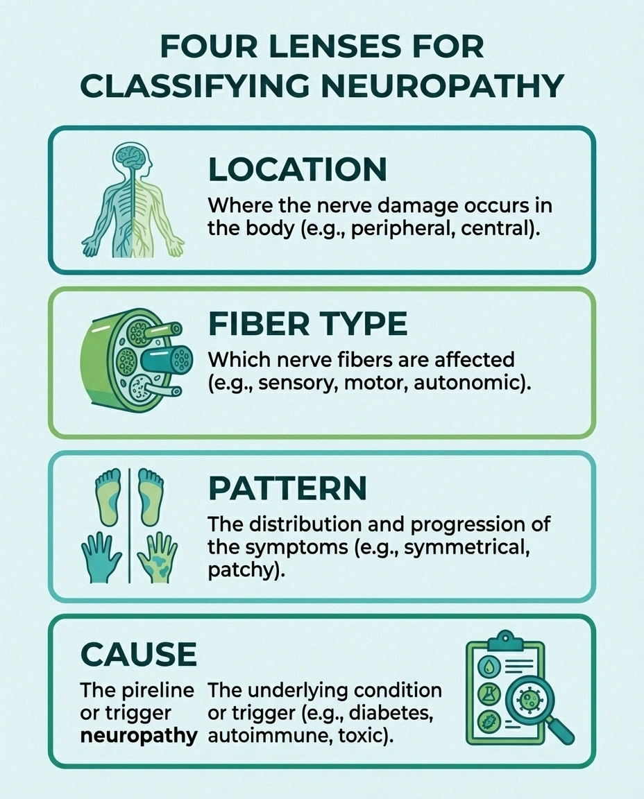 Infographic showing four ways doctors classify neuropathy types