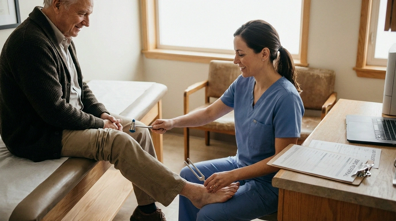 Neurologist evaluating neuropathy type with exam and testing plan