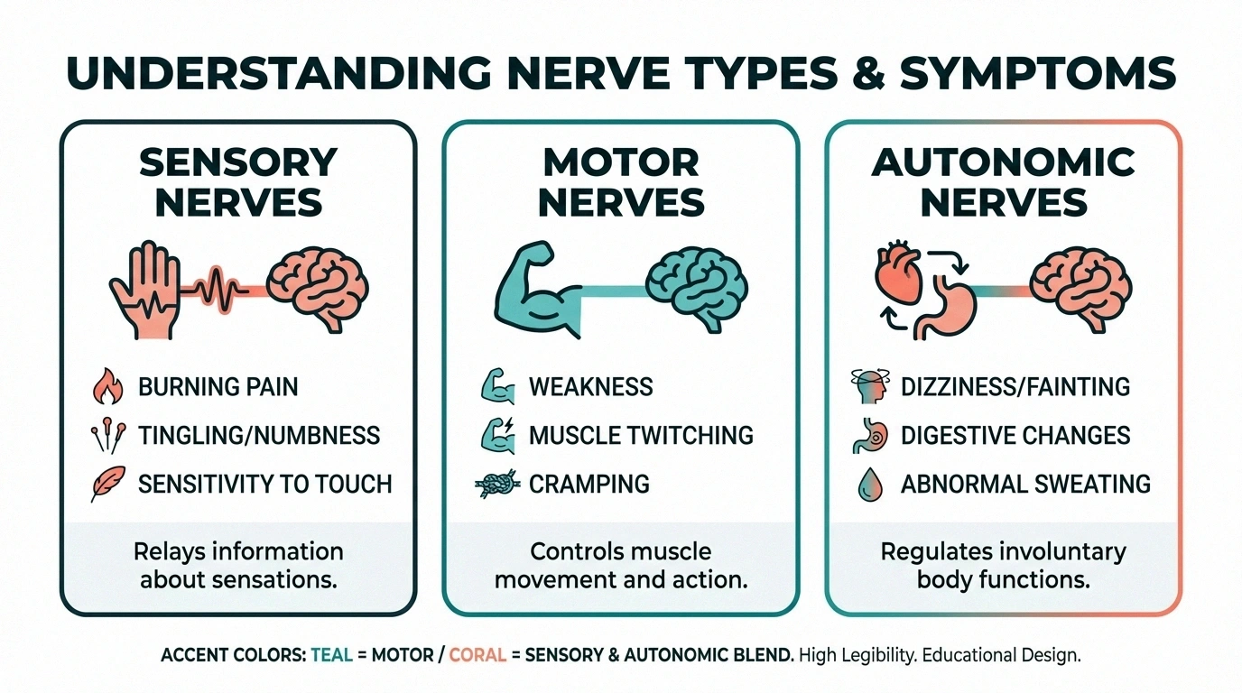 Infographic explaining sensory motor and autonomic nerve fiber involvement in neuropathy