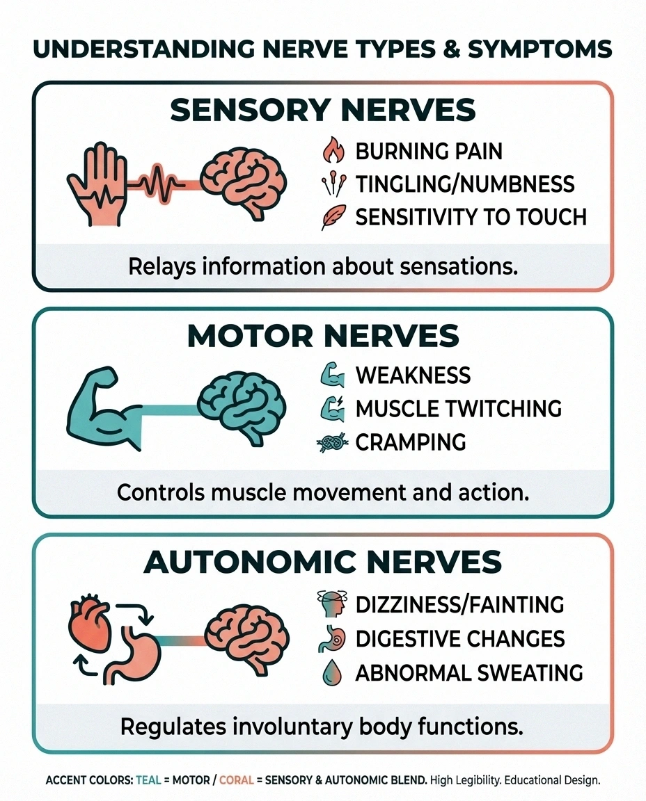 Infographic explaining sensory motor and autonomic nerve fiber involvement in neuropathy