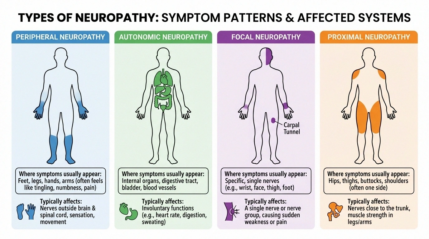 Comparison infographic of peripheral autonomic focal and proximal neuropathy patterns