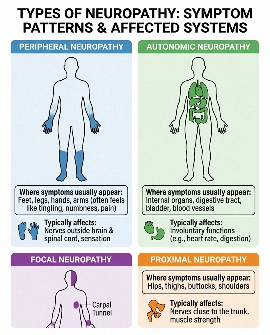 Comparison infographic of peripheral autonomic focal and proximal neuropathy patterns