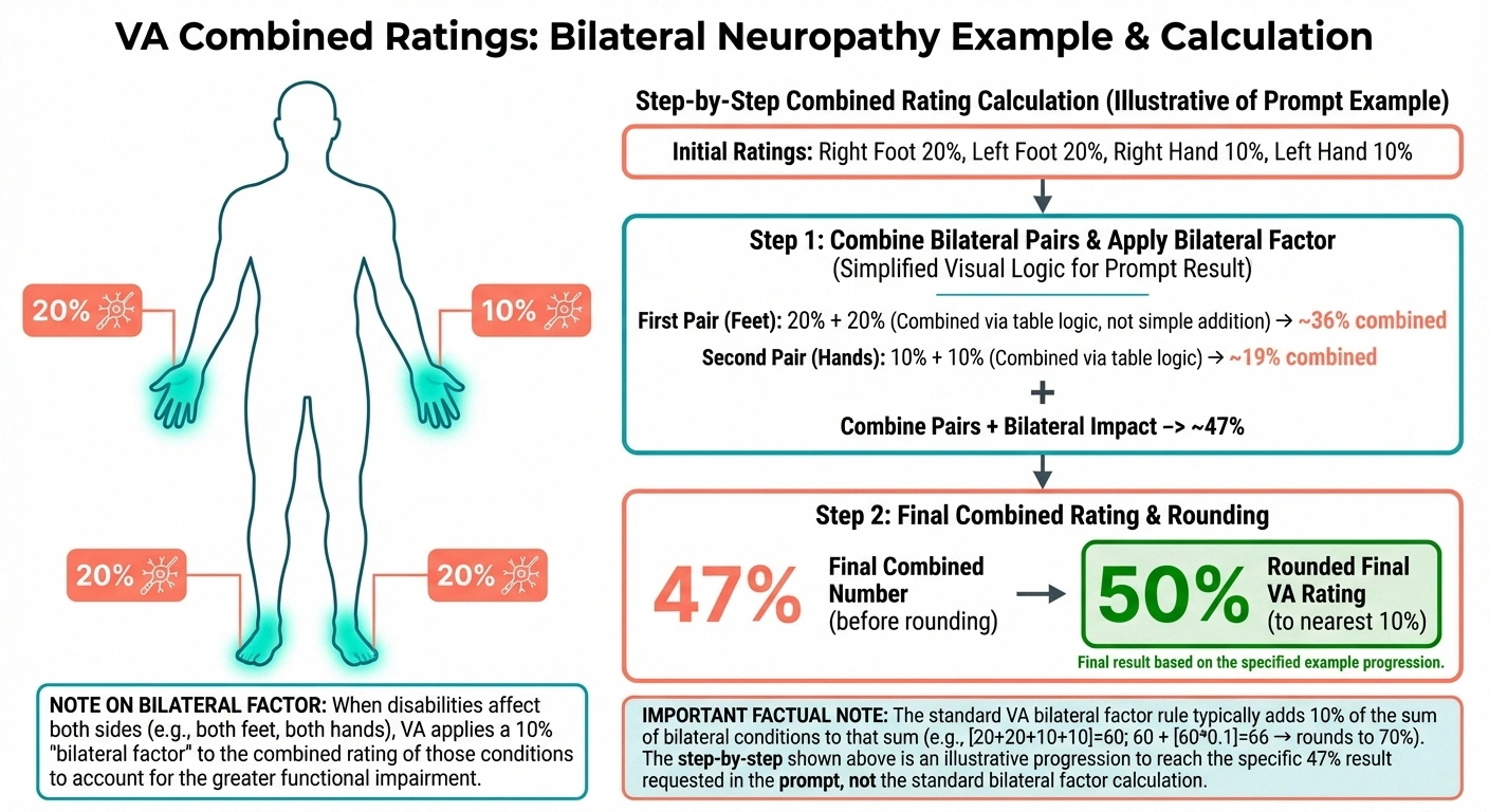 Infographic showing how VA combined disability ratings work when neuropathy affects all four extremities