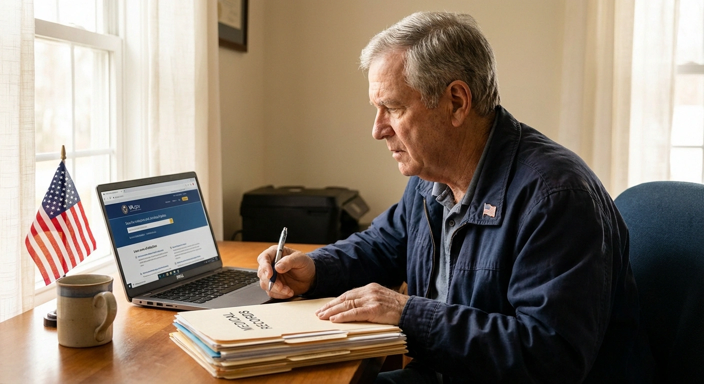 Veteran filing neuropathy VA disability claim online with organized medical records