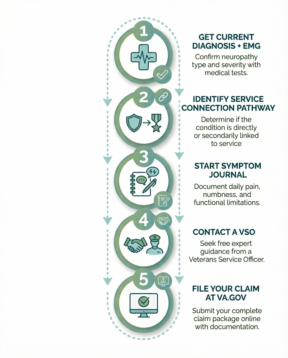 Five-step action plan for veterans filing a VA disability claim for peripheral neuropathy
