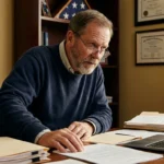 Veteran reviewing VA disability claim paperwork for peripheral neuropathy rating