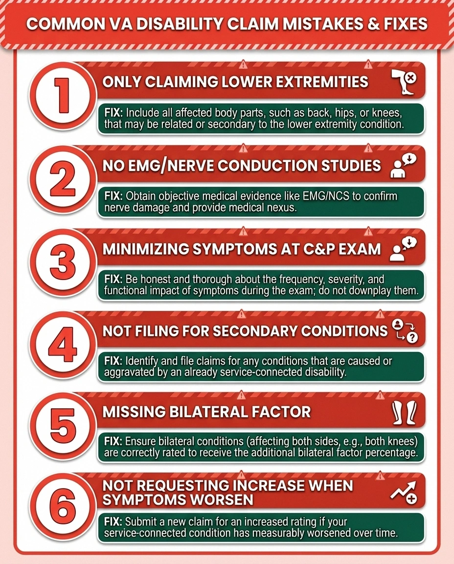 Six common mistakes veterans make that lower their neuropathy VA disability rating with tips to avoid each one