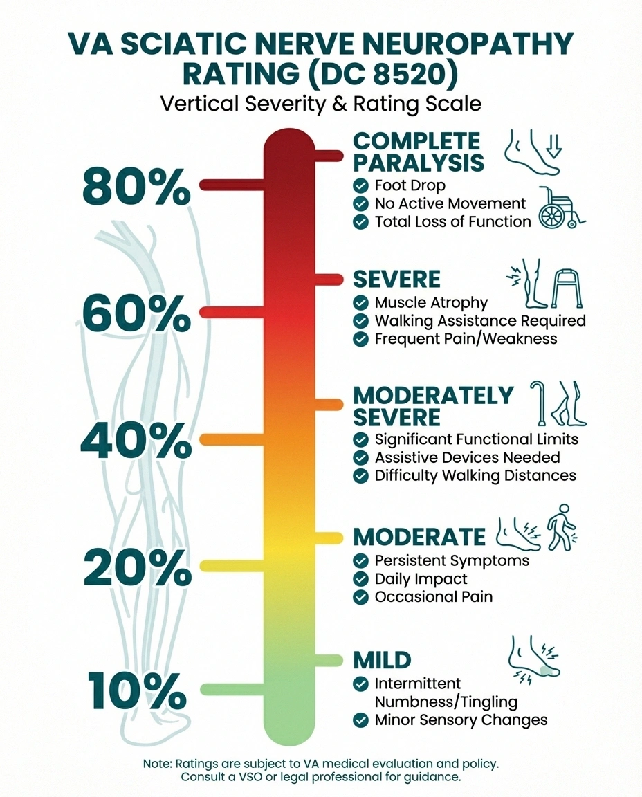 VA disability rating scale for peripheral neuropathy showing 10 to 80 percent levels with symptoms for each tier