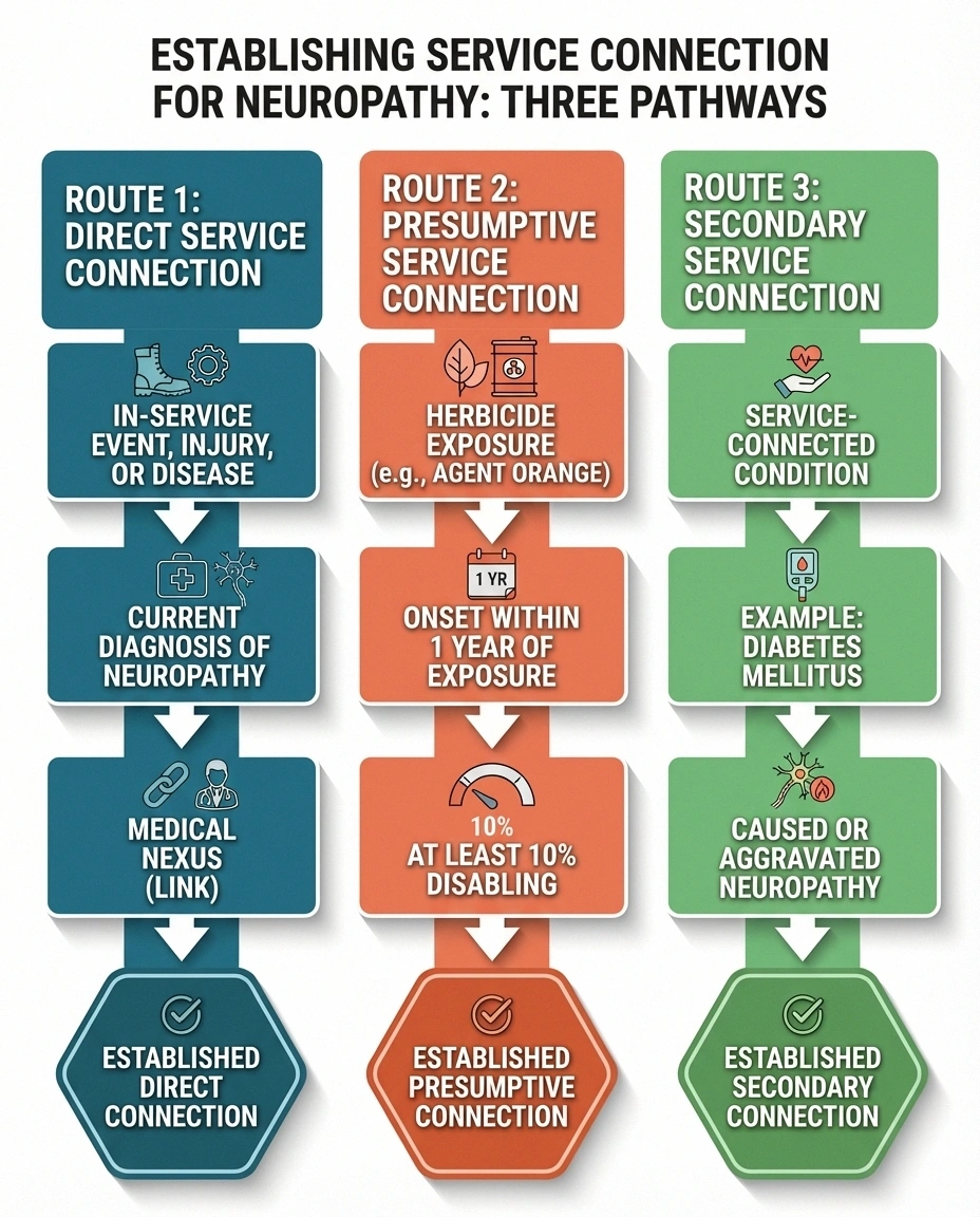 Three pathways to establish VA service connection for neuropathy: direct, presumptive, and secondary service connection