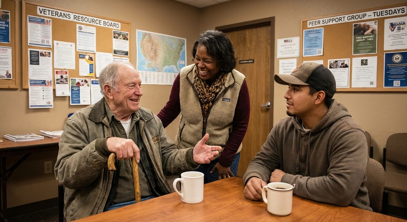 Diverse veterans discussing neuropathy disability benefits at veterans service organization