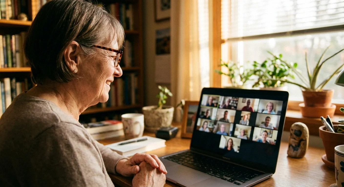 Older woman participating in a virtual neuropathy support group on her laptop from home