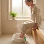 Woman safely soaking feet in warm water bath for neuropathy pain relief with thermometer